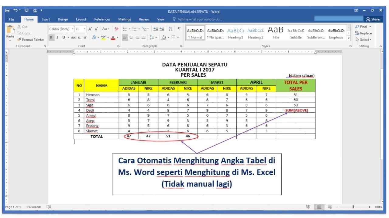 Cara Menjumlahkan di Word