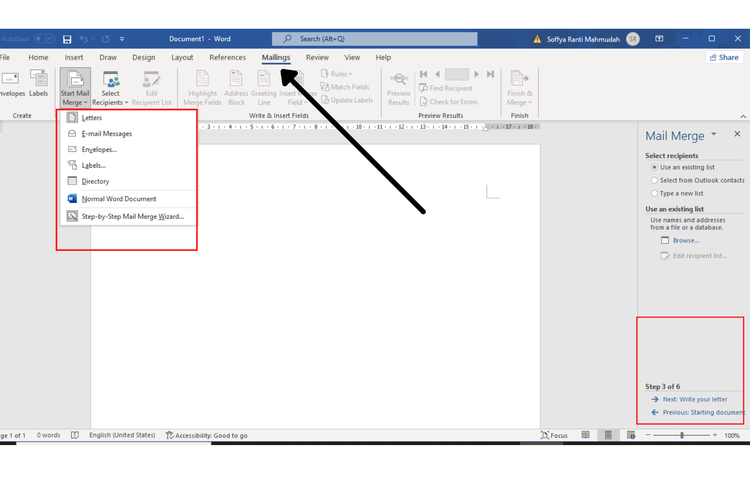 Klik menu Mailings dan bisa langsung memilih Start Mail Merge dan pilih kembali Letters