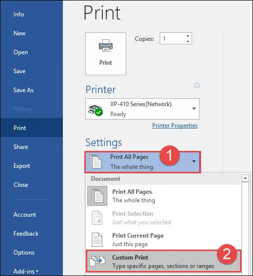 Pada default Print All Pages dapat diganti dengan Print Custom Range