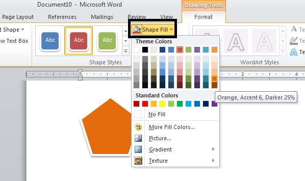 Pada menu Shape Fill, pilih warna untuk bagian dalam gambar
