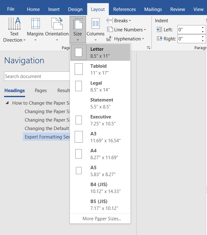 Buka dokumen buku yang akan di edit kemudian klik tab Layout di bagian atas Microsoft Word. Arahkan kursor ke bagian Page Setup lalu klik menu Size.