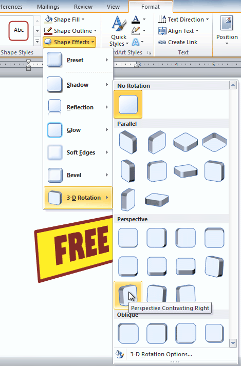 Di bagian sebelah kiri kotak dialog Format Shape, kamu bisa pilih menu Rotasi 3D atau 3D Rotation.