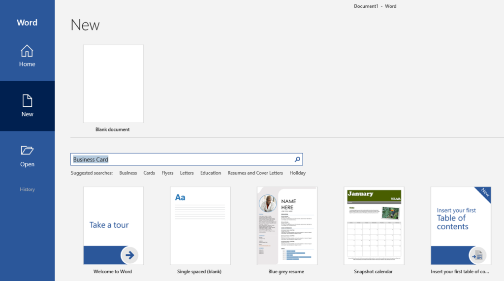 Kamu bisa mencari template kartu nama di menu File > New > Business Card atau mencari melalui pencarian di bagian atas layar.
