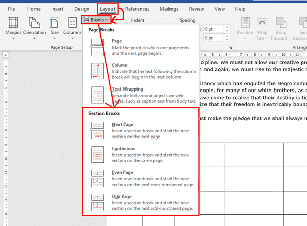 Kemudian, lakukan langkah untuk membuat nomor yang berbeda dengan cara klik menu Page Layout à Breaks à Next Page.