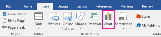 Klik tab Insert yang ada di bagian paling atas jendela Microsoft Word kemudian di bagian Illustrations, klik menu Chart.