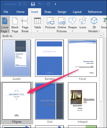 Klik tab Insert yang ada di baris paling atas kemudian klik menu Cover Page yang ada di bagian Pages untuk melihat berbagai pilihan template cover yang disediakan oleh Microsoft Word.