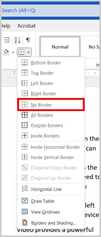 Lalu cari menu “Paragraph” dan seret kursor ke bawah lalu tekan “No Border”.