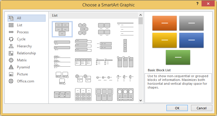 Lalu jendela Choose a SmartArt Graphic akan muncul, kamu tinggal memilih pilihan Process dan klik desain yang diinginkan, klik OK agar desain bisa digunakan.