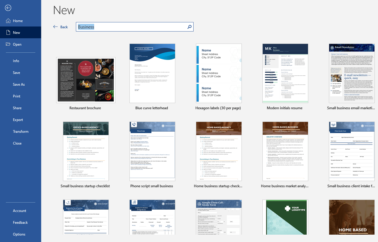 Lalu, pilih tombol New. Selanjutnya, di kolom pencarian, masukkan kata kunci yang sesuai untuk menemukan template yang kamu cari. Contohnya mencari template dalam kategori Business.