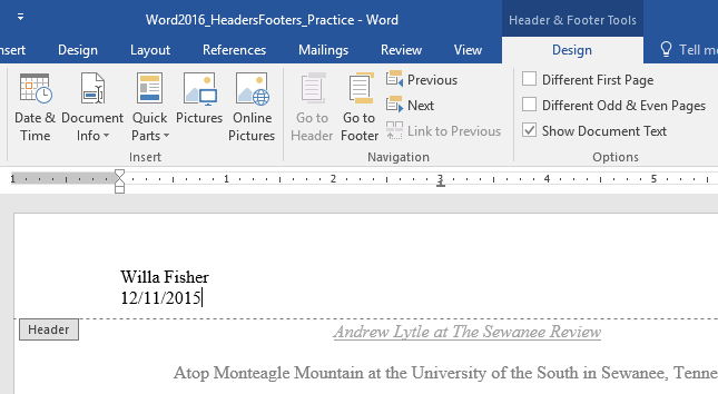 Lanjutkan dengan klik Header:Footer pada halaman dan masuk ke menu Design.