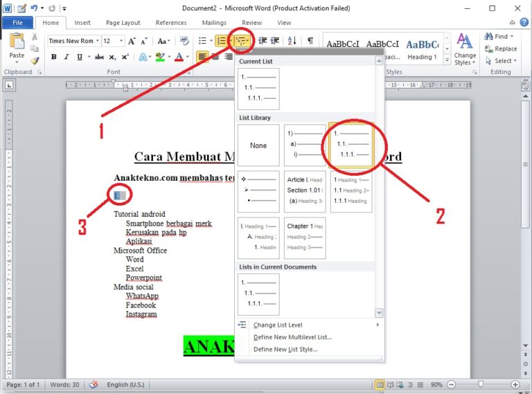 Cara membuat 1.1 1.2 1.3 di word