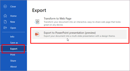 Tekan tombol Ekspor pada bagian panel sebelah kiri dan klik Ekspor to Presentasi Power Point (Preview).