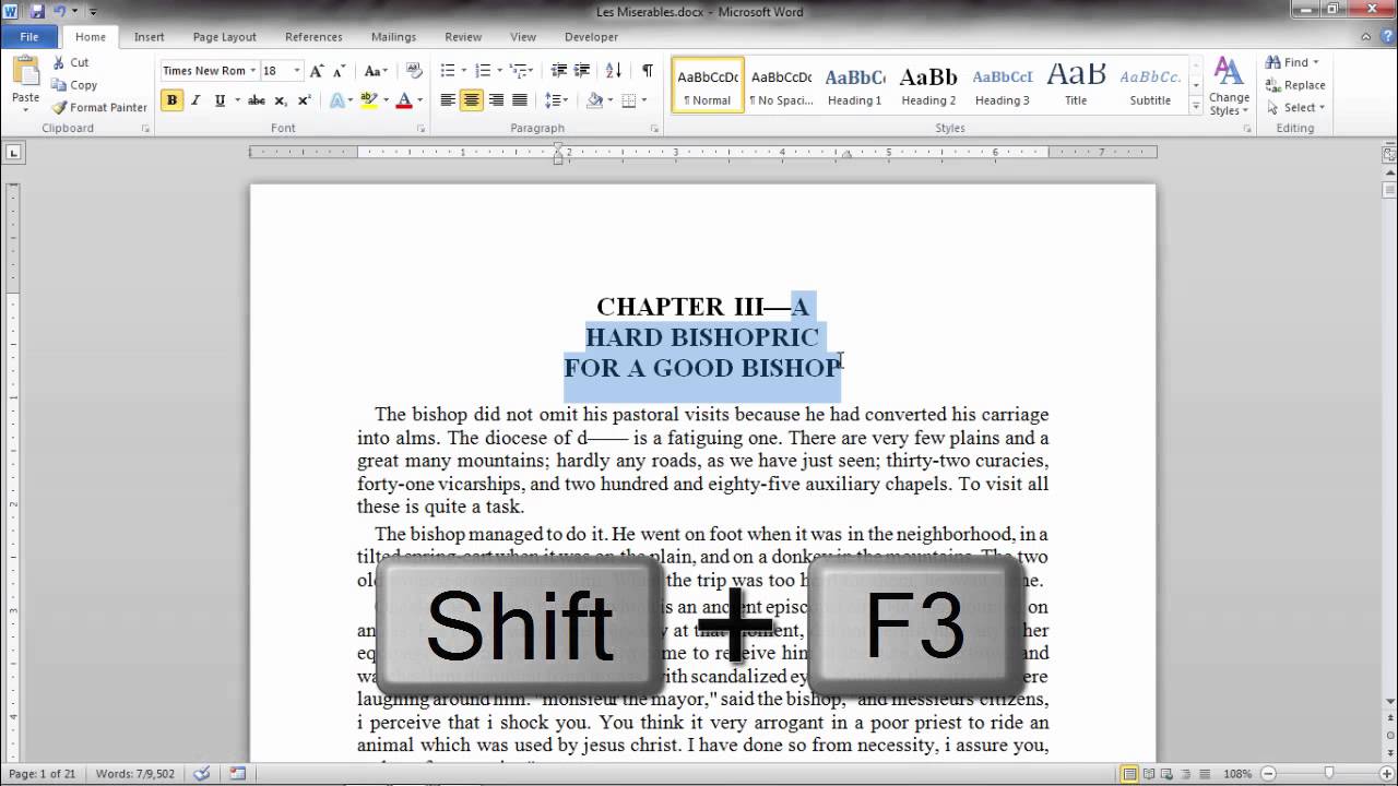 Tekan tombol Shift + F3 secara bersamaan dengan cara menekan satu kali untuk mengubah huruf kecil pada awal kan dan dua kali untuk membuat semua huruf pada dokumen menjadi besar seluruhnya.