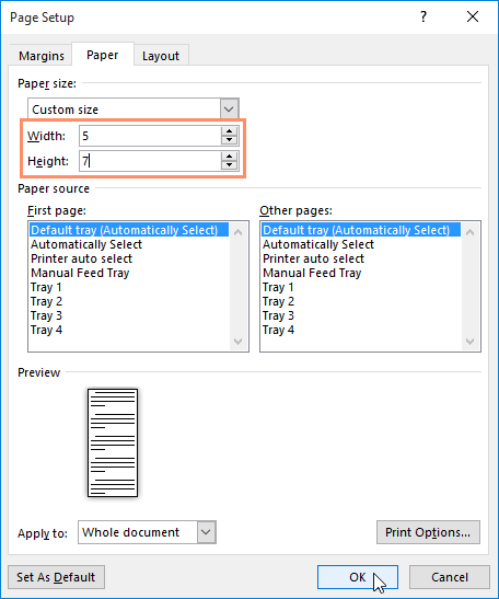 Di Paper Size, pilih Custome Size.