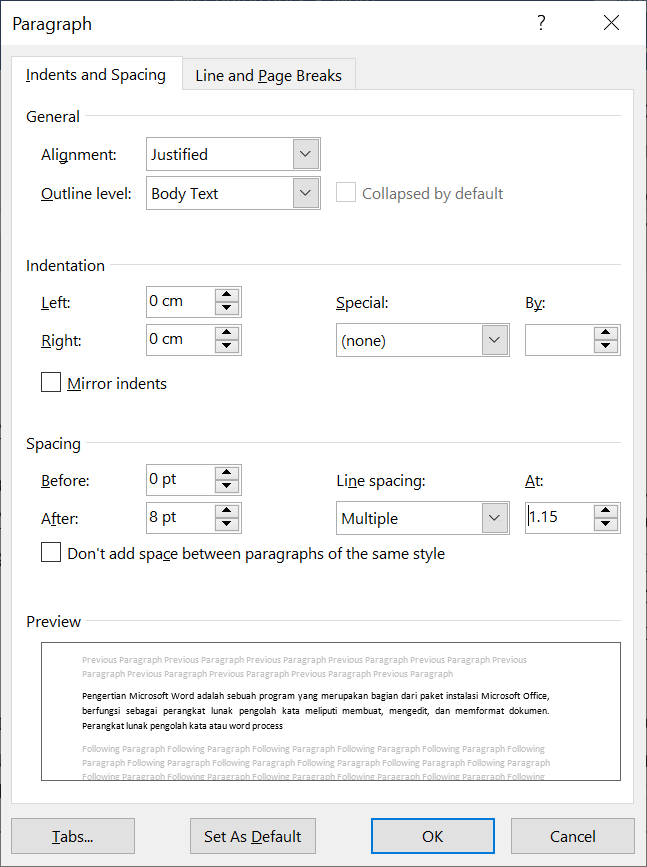 Di bagian Indent and Spacing, pilih jenis spasi yang akan digunakan di kolom Line Spacing di bagian kanan.