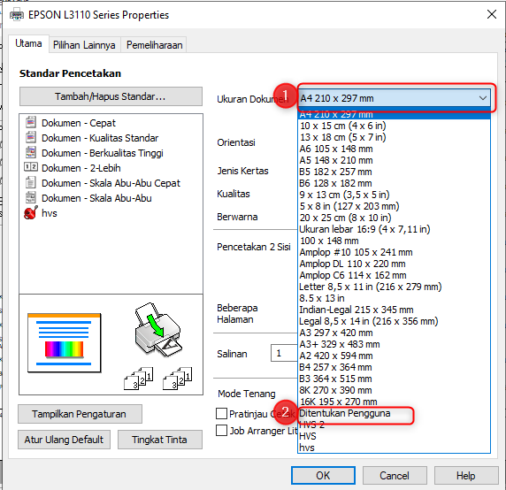 Kemudian klik User Defined dan tulis nama kertas (F4) di Paper Size Name.