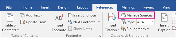 Setelah itu, klik menu “References” dan pilih opsi “Manage Sources” serta tombol “New” untuk memasukkan sumber referensinya.