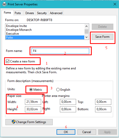 Setelah jendela Print Server Properties terbuka, klik tab Forms lalu pilih Folio.