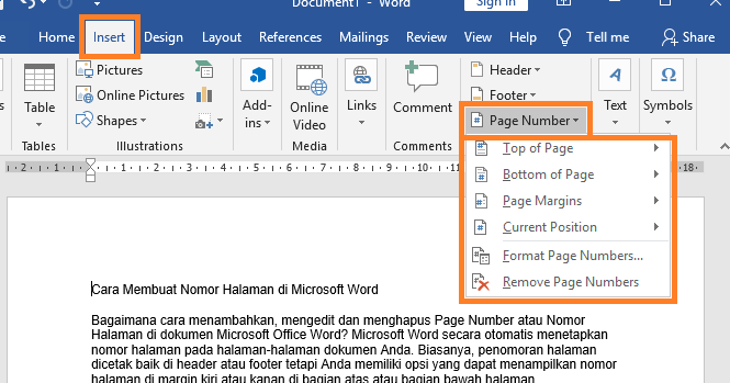 Untuk memberikan nomor di bagian footer, klik “Bottom of Page”. Untuk memberikan di bagian header, klik “Top of Page”.